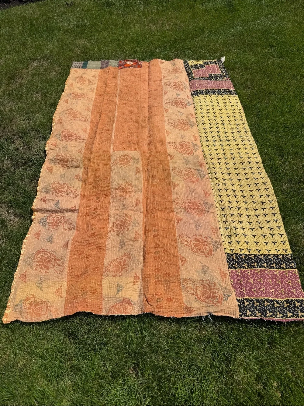 Vintage Hand-Stitched Kantha Quilt India Twin Bedspread Patchwork Floral